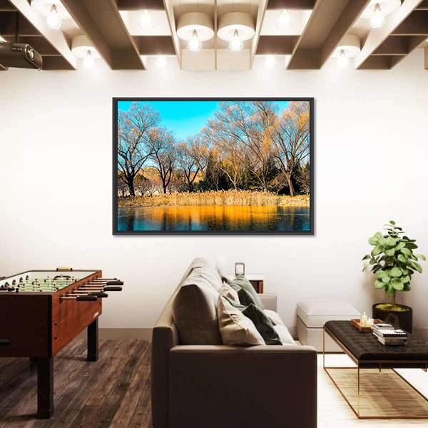 Trees By The Lake In Autumn Canvas Wall Art-3 Horizontal-Gallery Wrap-25" x 16"-Tiaracle