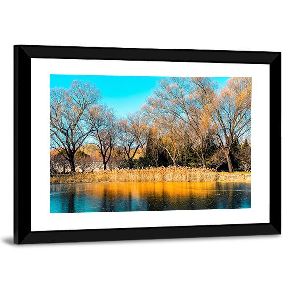 Trees By The Lake In Autumn Canvas Wall Art-3 Horizontal-Gallery Wrap-25" x 16"-Tiaracle