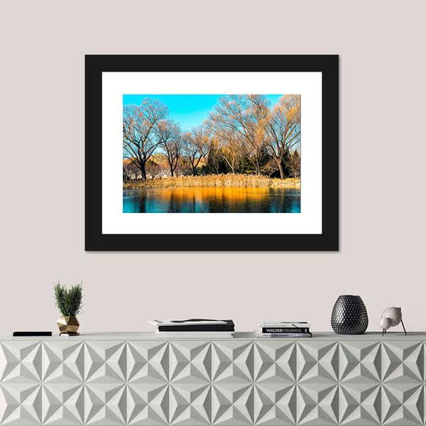 Trees By The Lake In Autumn Canvas Wall Art-5 Horizontal-Gallery Wrap-22" x 12"-Tiaracle