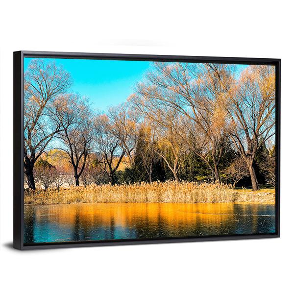 Trees By The Lake In Autumn Canvas Wall Art-5 Horizontal-Gallery Wrap-22" x 12"-Tiaracle
