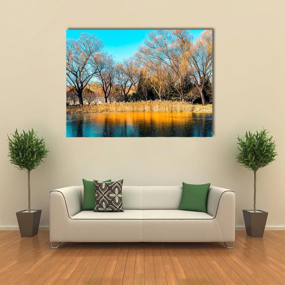 Trees By The Lake In Autumn Canvas Wall Art-1 Piece-Gallery Wrap-48" x 32"-Tiaracle