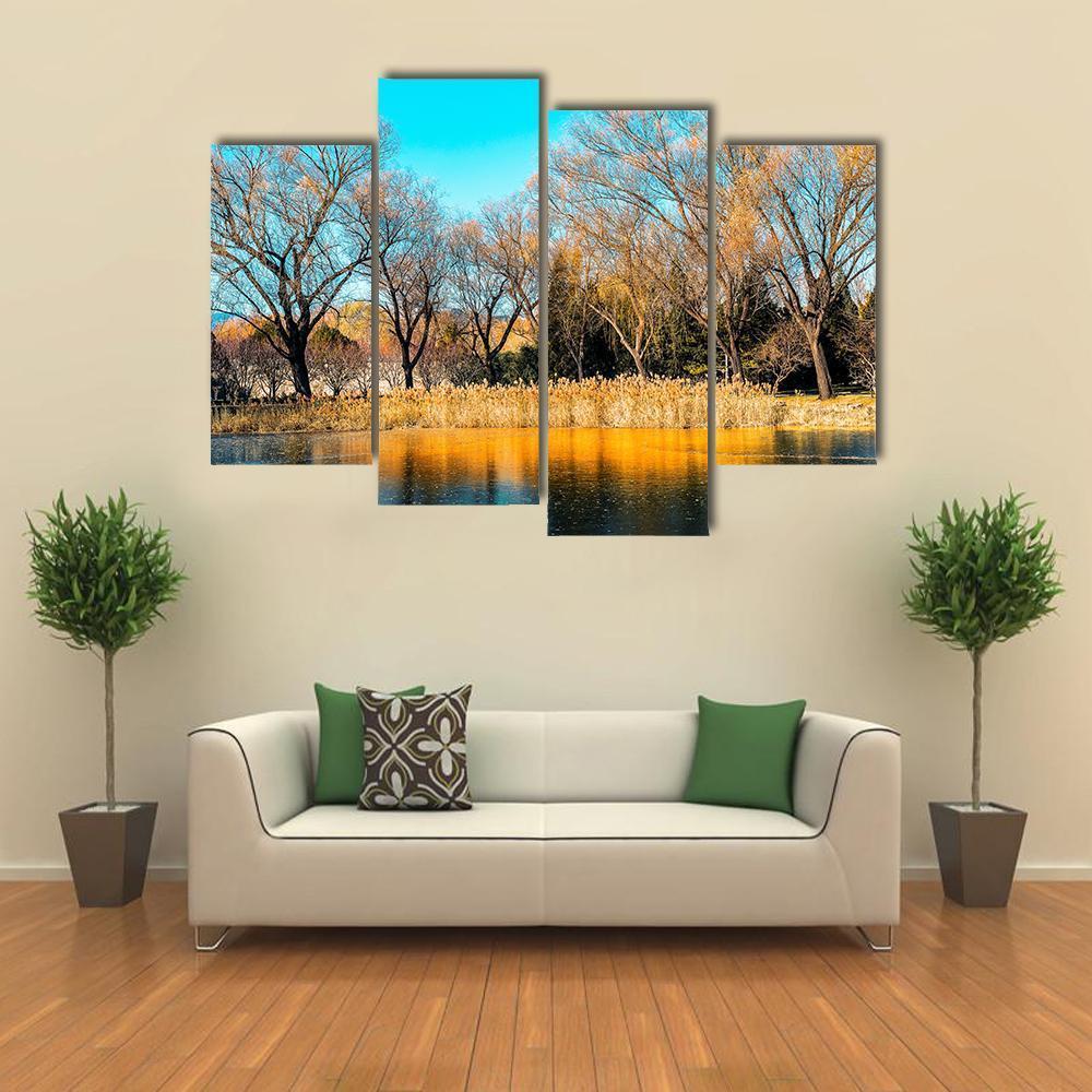 Trees By The Lake In Autumn Canvas Wall Art-4 Pop-Gallery Wrap-50" x 32"-Tiaracle