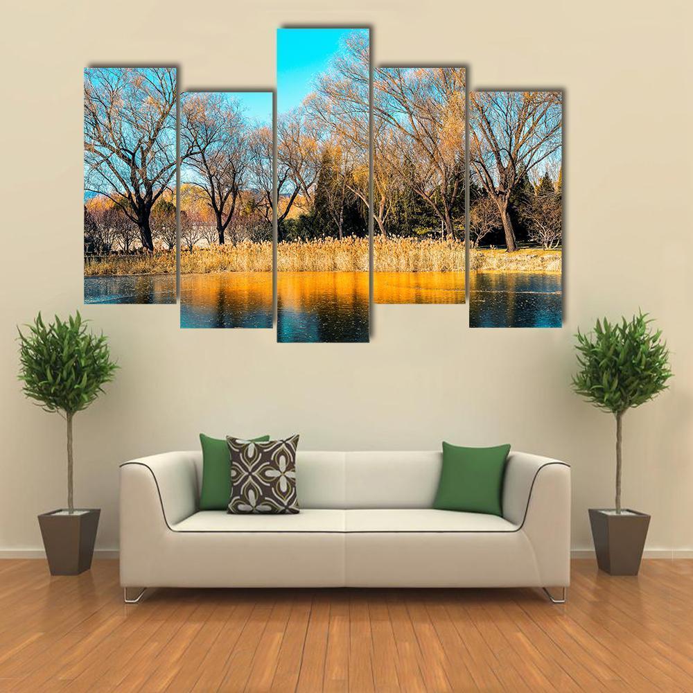Trees By The Lake In Autumn Canvas Wall Art-5 Pop-Gallery Wrap-47" x 32"-Tiaracle