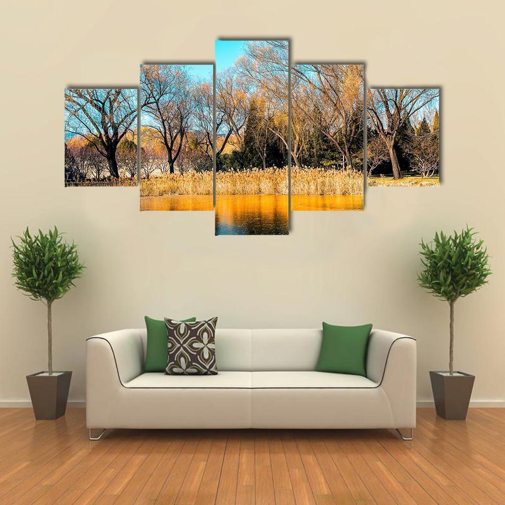 Trees By The Lake In Autumn Canvas Wall Art-5 Star-Gallery Wrap-62" x 32"-Tiaracle