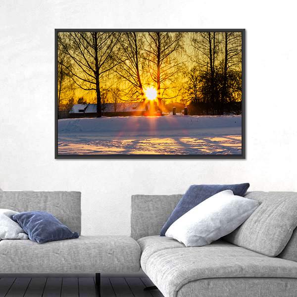 Trees In A Cold Winter Day With The Sun Rays Canvas Wall Art-1 Piece-Floating Frame-24" x 16"-Tiaracle