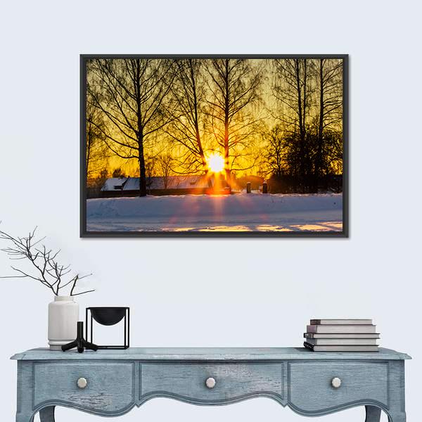 Trees In A Cold Winter Day With The Sun Rays Canvas Wall Art-3 Horizontal-Gallery Wrap-25" x 16"-Tiaracle