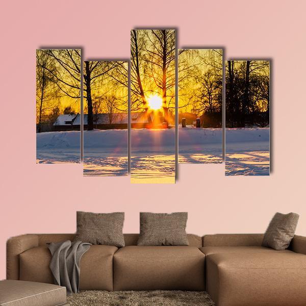 Trees In A Cold Winter Day With The Sun Rays Canvas Wall Art-4 Pop-Gallery Wrap-50" x 32"-Tiaracle