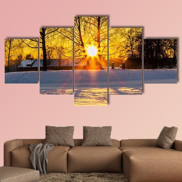 Trees In A Cold Winter Day With The Sun Rays Canvas Wall Art-5 Star-Gallery Wrap-62" x 32"-Tiaracle