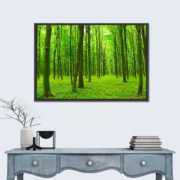 Trees In A Green Forest In Spring Canvas Wall Art-3 Horizontal-Gallery Wrap-25" x 16"-Tiaracle