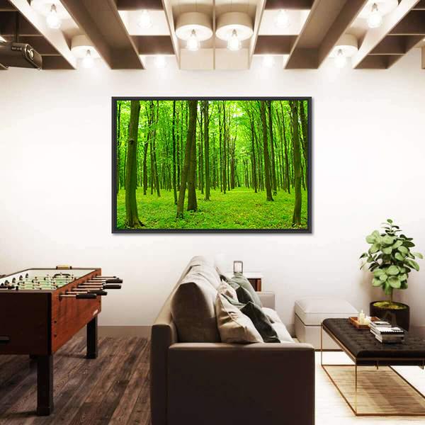 Trees In A Green Forest In Spring Canvas Wall Art-3 Horizontal-Gallery Wrap-25" x 16"-Tiaracle