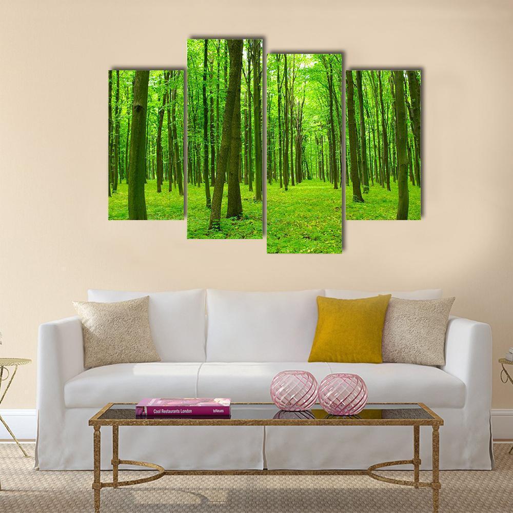 Spring Forest with Tall Trees Canvas Wall Art in brown and green, 3 panel horizontal set hung on a wall