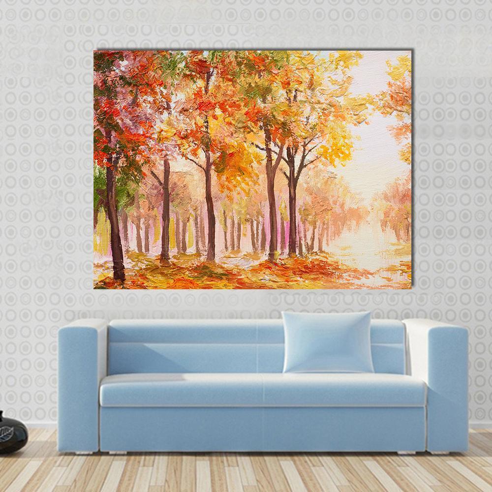 Colorful Autumn Forest Trees Canvas Wall Art in red, orange and yellow, single panel hung on a wall