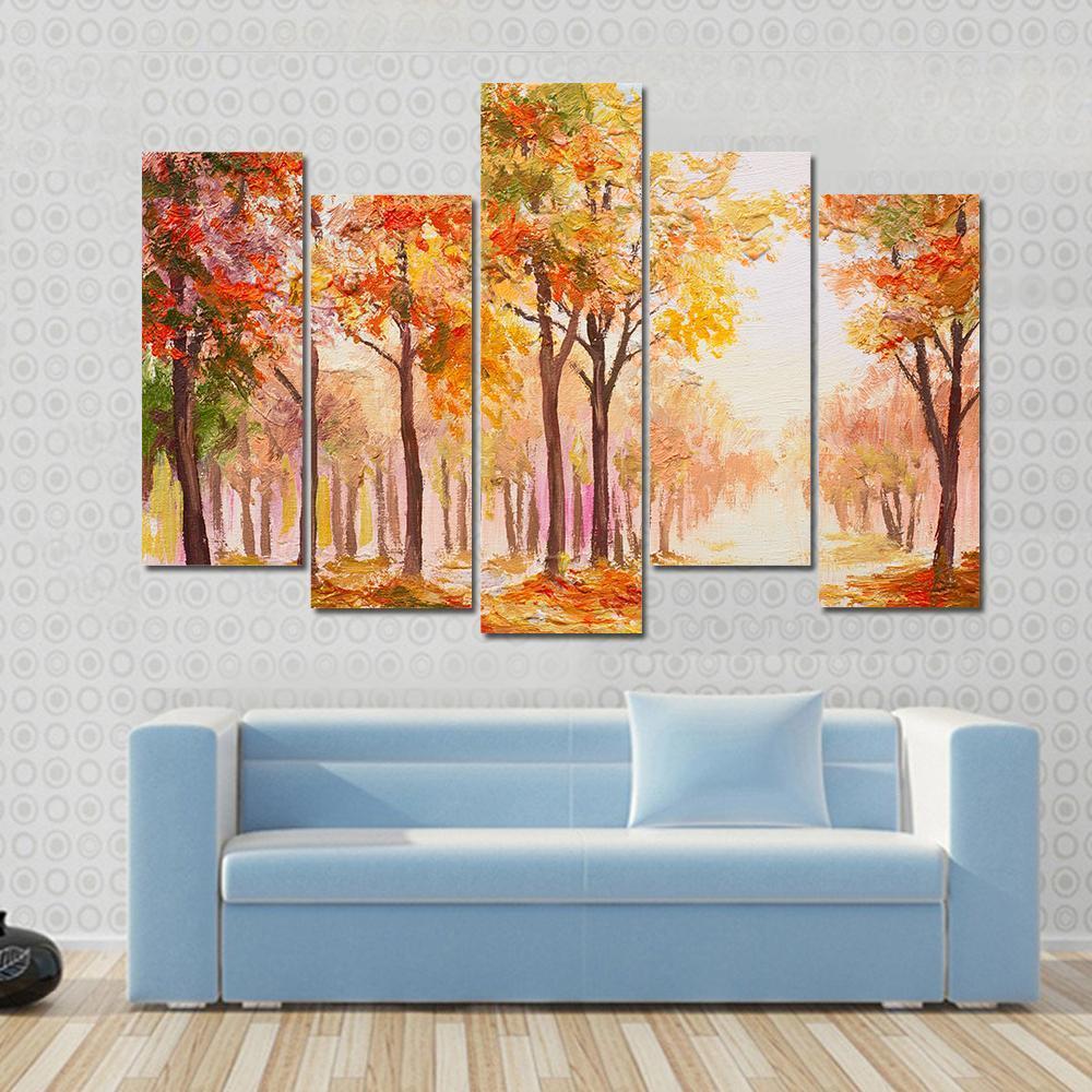 Trees In Colorful Autumn Forest Canvas Wall Art-5 Pop-Gallery Wrap-47" x 32"-Tiaracle