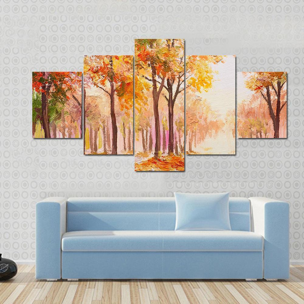 Trees In Colorful Autumn Forest Canvas Wall Art-5 Star-Gallery Wrap-62" x 32"-Tiaracle