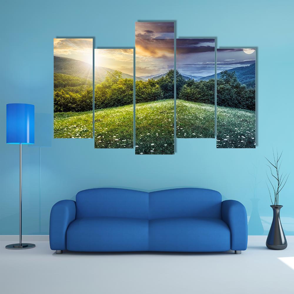 Sunlight On Hillside Meadows Canvas Wall Art-5 Pop-Gallery Wrap-47" x 32"-Tiaracle
