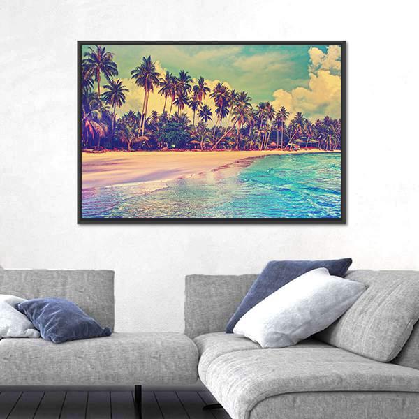 Trees On The Tropical Beach Canvas Wall Art-1 Piece-Floating Frame-24" x 16"-Tiaracle