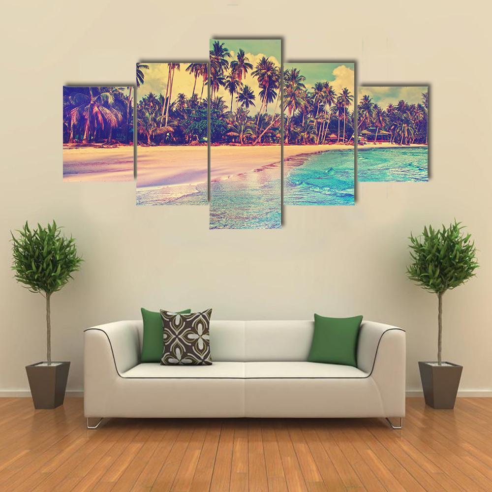Trees On The Tropical Beach Canvas Wall Art-5 Star-Gallery Wrap-62&quot; x 32&quot;-Tiaracle