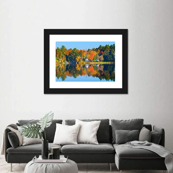 Trees Reflecting In A Calm Lake Canvas Wall Art-1 Piece-Framed Print-20" x 16"-Tiaracle