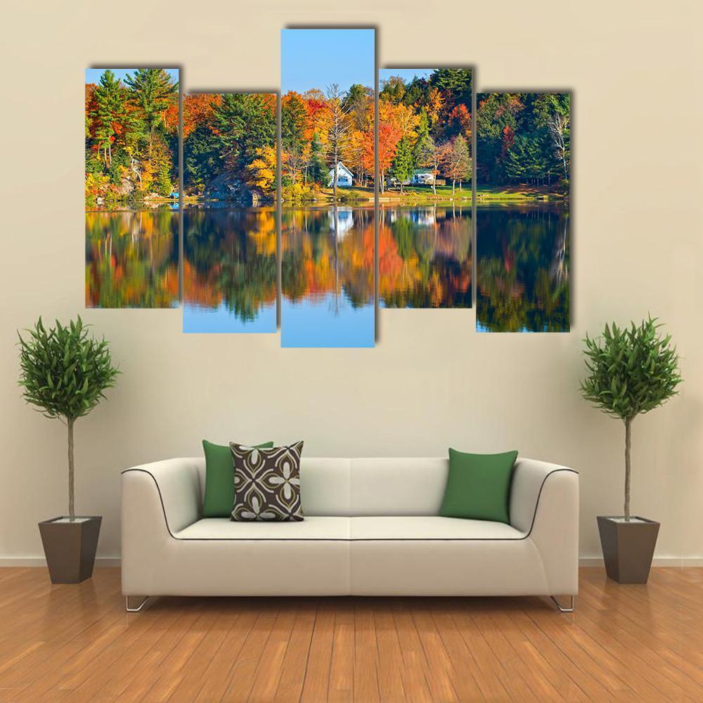 Trees Reflecting In A Calm Lake Canvas Wall Art-5 Pop-Gallery Wrap-47" x 32"-Tiaracle