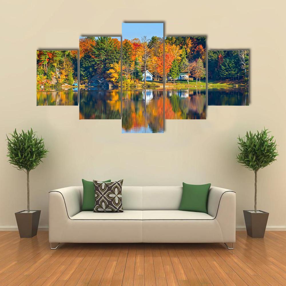 Trees Reflecting In A Calm Lake Canvas Wall Art-5 Star-Gallery Wrap-62" x 32"-Tiaracle