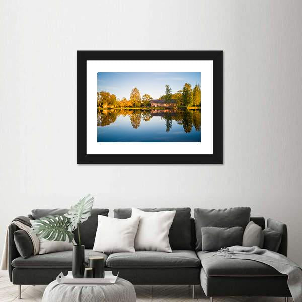 Trees Reflection In The Lake Canvas Wall Art-1 Piece-Framed Print-20" x 16"-Tiaracle