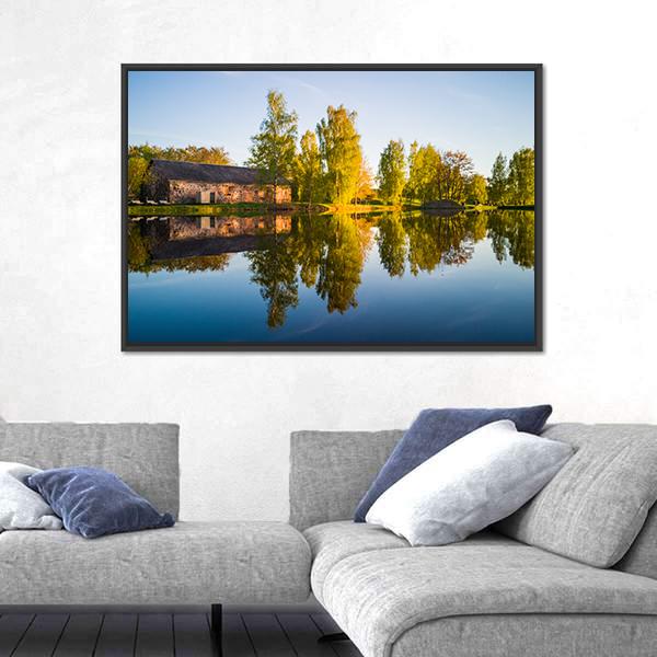 Trees Reflection In The Lake Canvas Wall Art-1 Piece-Floating Frame-24" x 16"-Tiaracle