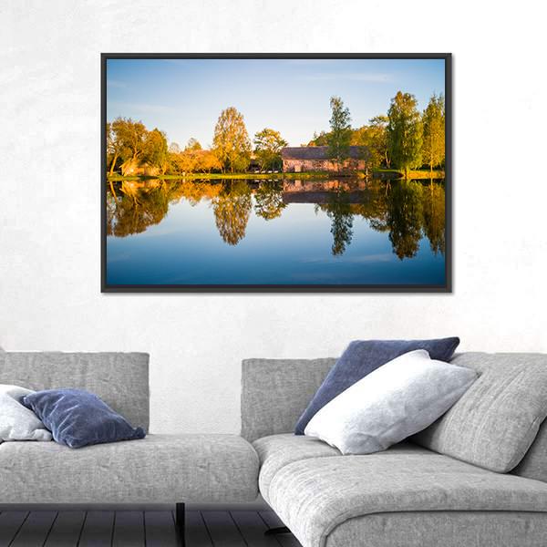 Trees Reflection In The Lake Canvas Wall Art-1 Piece-Floating Frame-24" x 16"-Tiaracle