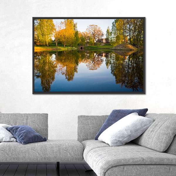 Trees Reflection In The Lake Canvas Wall Art-1 Piece-Floating Frame-24" x 16"-Tiaracle