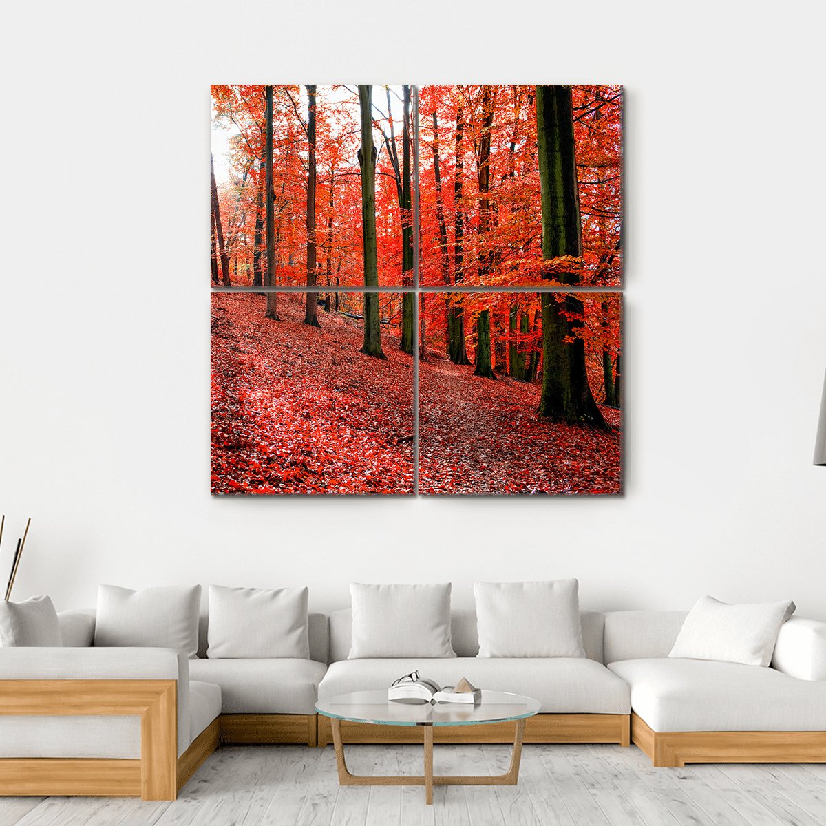 Trees With Red Autumn Leafs In Sonian Forest Canvas Wall Art-4 Square-Gallery Wrap-17" x 17"-Tiaracle