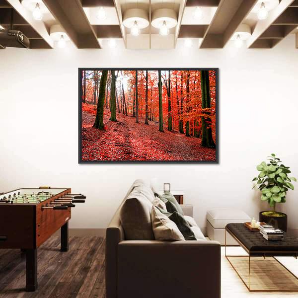 Trees With Red Autumn Leafs In Sonian Forest Canvas Wall Art-3 Horizontal-Gallery Wrap-25" x 16"-Tiaracle