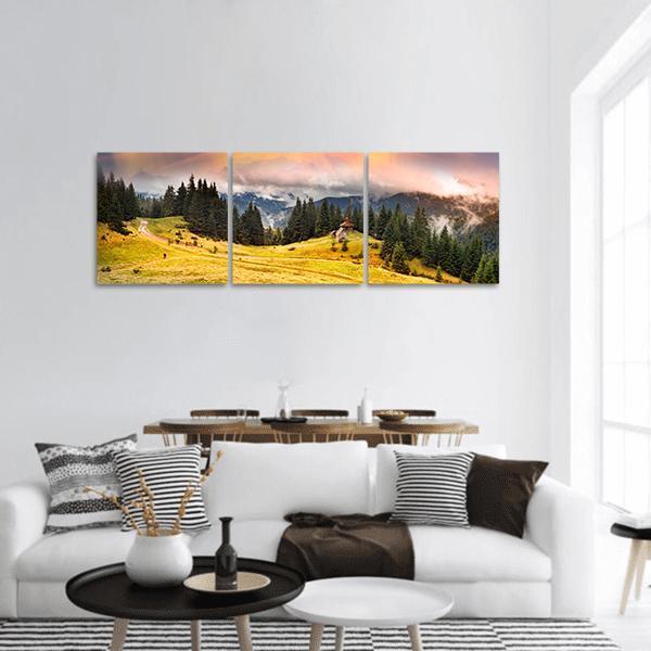 Trekking In The Fall Panoramic Canvas Wall Art-3 Piece-25" x 08"-Tiaracle