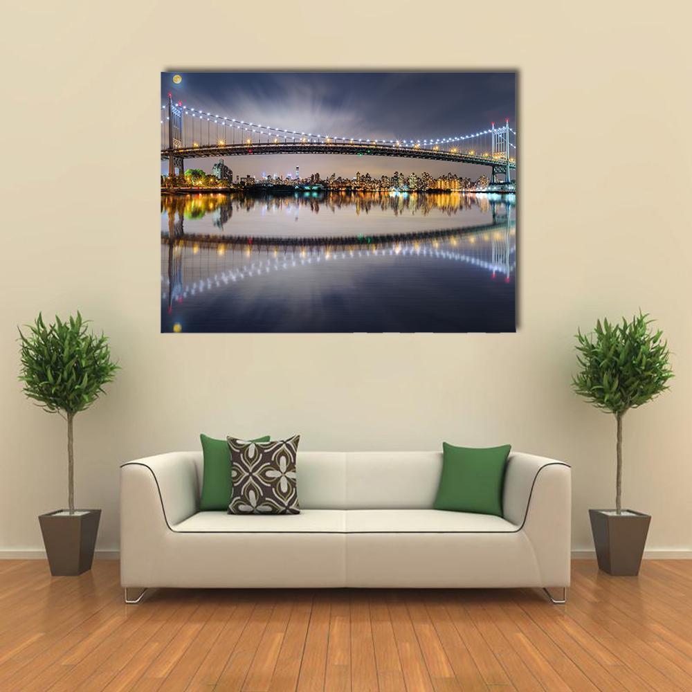 Triboro Bridge at Night Canvas Wall Art in black, gold and blue, single panel hung on a wall
