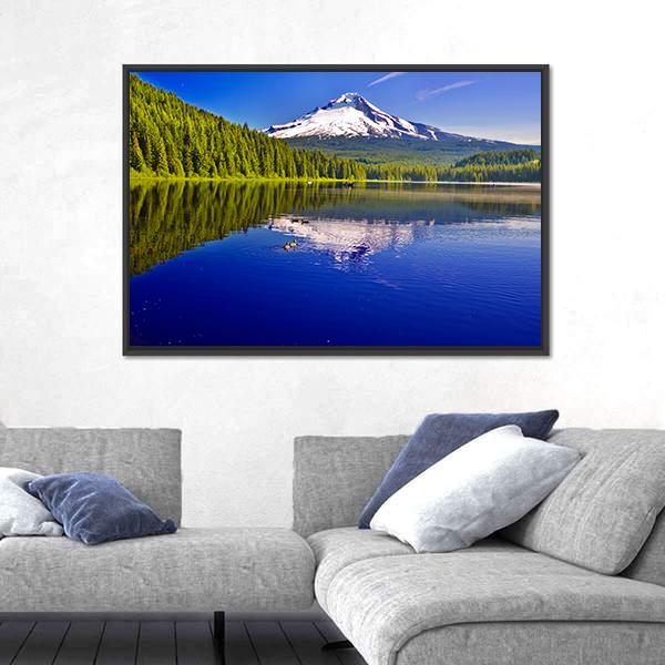 Trillium Lake And Mt Hood Canvas Wall Art-1 Piece-Floating Frame-24" x 16"-Tiaracle