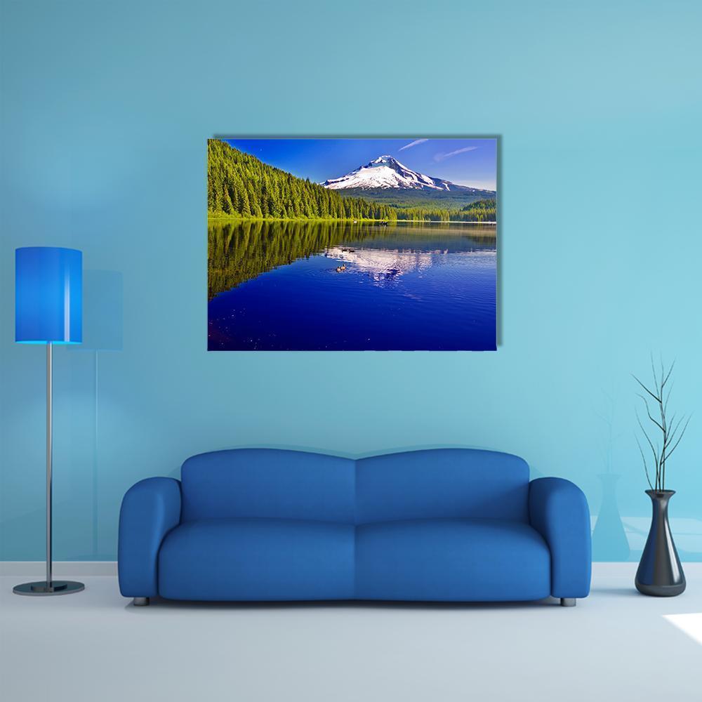 Trillium Lake and Mt Hood Canvas Wall Art in white, green and blue, single panel hung on a wall