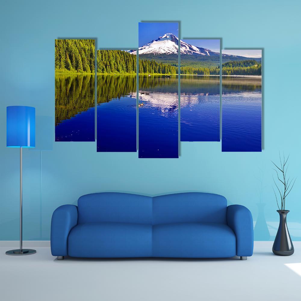 Trillium Lake And Mt Hood Canvas Wall Art-5 Pop-Gallery Wrap-47" x 32"-Tiaracle