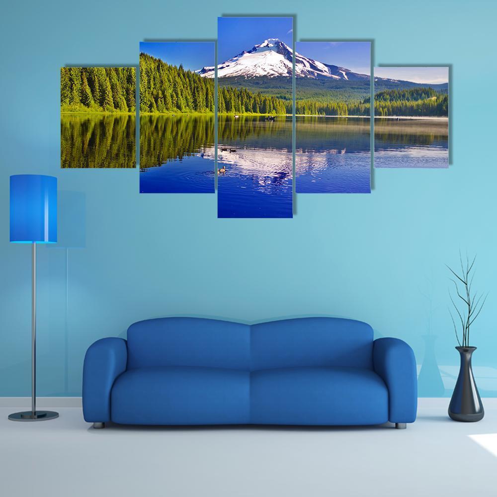 Trillium Lake And Mt Hood Canvas Wall Art-5 Star-Gallery Wrap-62" x 32"-Tiaracle