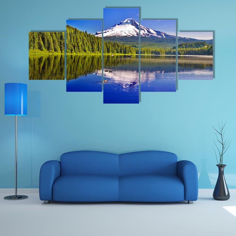 Trillium Lake And Mt Hood Canvas Wall Art-4 Pop-Gallery Wrap-50" x 32"-Tiaracle
