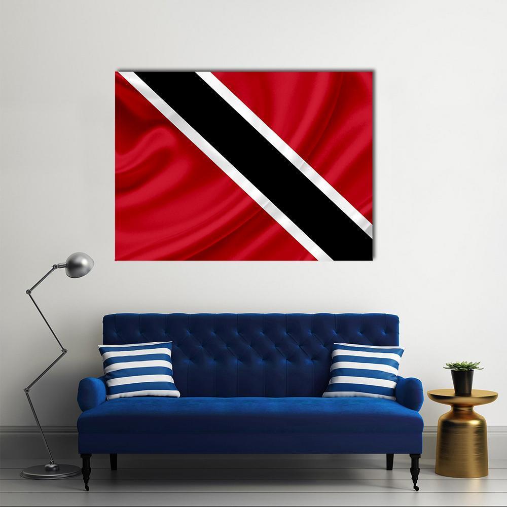 Waving Trinidad and Tobago Flag Canvas Wall Art in black, white and red, single panel hung on a wall