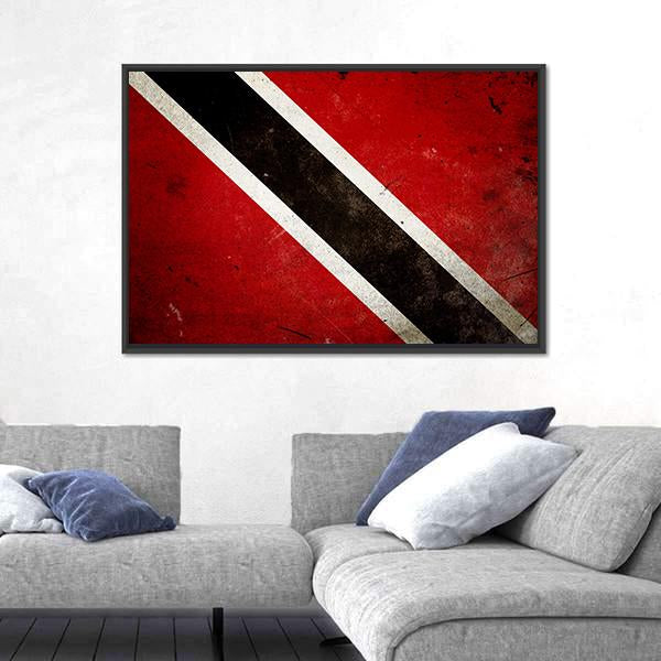 Trinidad and Tobago Flag Distressed Texture Canvas Wall Art in black, white and red, framed canvas, product view on a white background