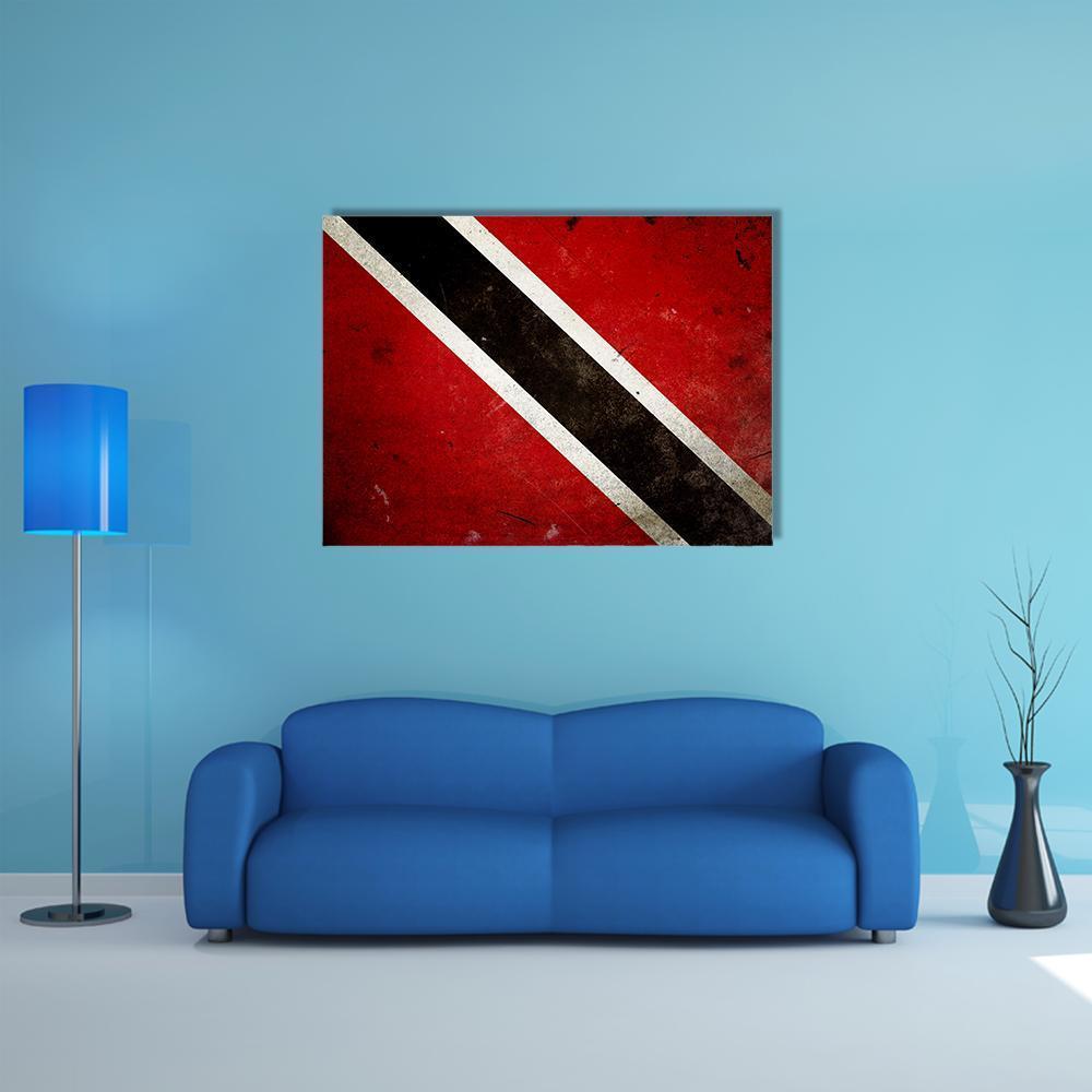 Trinidad and Tobago Flag Distressed Vintage Canvas Wall Art in black, white and red, single panel hung on a wall