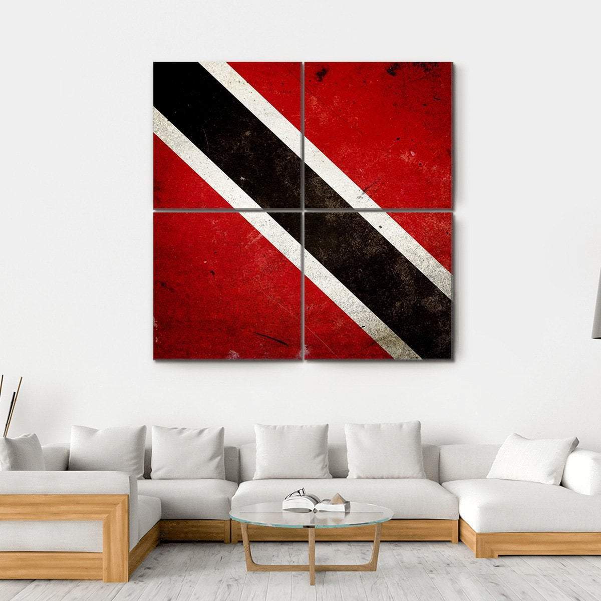 Trinidad and Tobago Flag Distressed Texture Canvas Wall Art in black, white and red, hung on a wall
