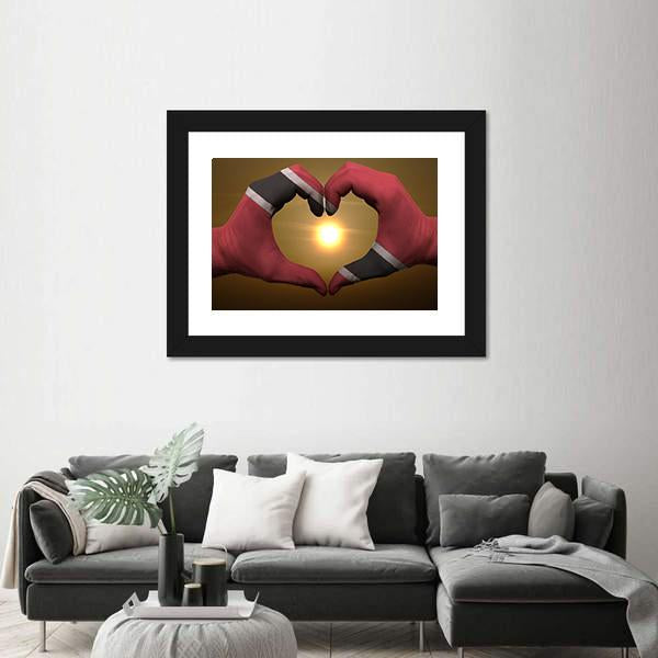 Trinidad and Tobago Flag Hands Canvas Wall Art in black, gold and red, framed print, product view on a white background