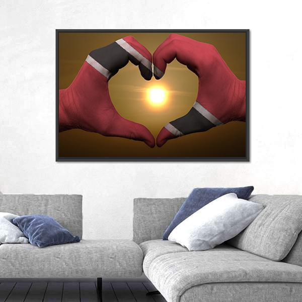 Trinidad and Tobago Flag Hands Canvas Wall Art in black, gold and red, framed canvas, product view on a white background