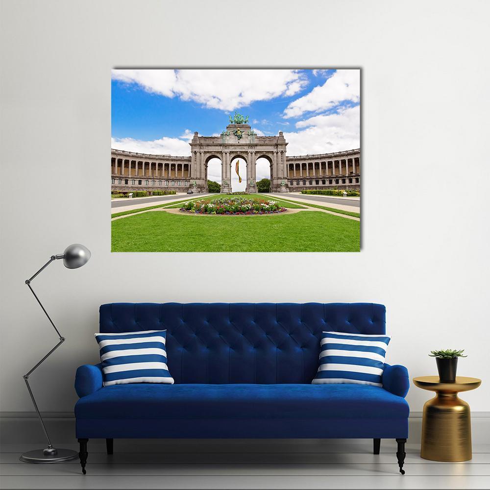 Brussels Triumphal Arch in Daytime Canvas Wall Art in gray, green and blue, single panel hung on a wall