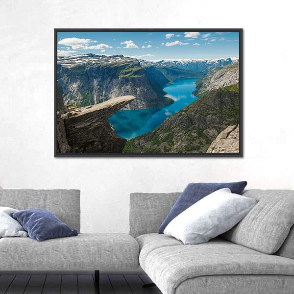 Trolltunga Rock Formation Canvas Wall Art in gray, green and blue, framed canvas, product view on a white background