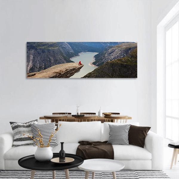 Hiker Sitting On Trolltunga Panoramic Canvas Wall Art-3 Piece-25" x 08"-Tiaracle