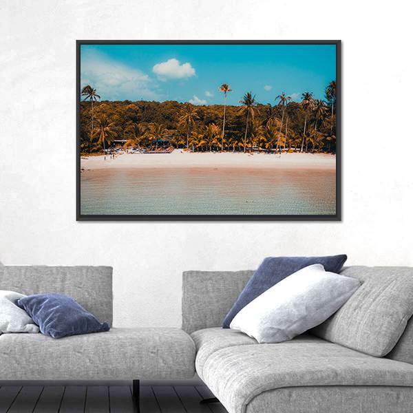 Tropical Beach And Sea With Palm Tree Canvas Wall Art-1 Piece-Framed Print-20" x 16"-Tiaracle