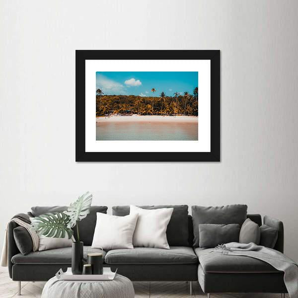 Tropical Beach And Sea With Palm Tree Canvas Wall Art-1 Piece-Floating Frame-24" x 16"-Tiaracle