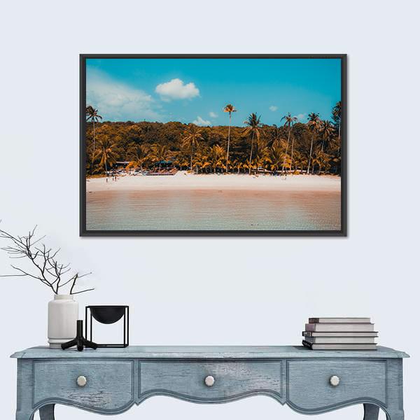 Tropical Beach And Sea With Palm Tree Canvas Wall Art-3 Horizontal-Gallery Wrap-25" x 16"-Tiaracle