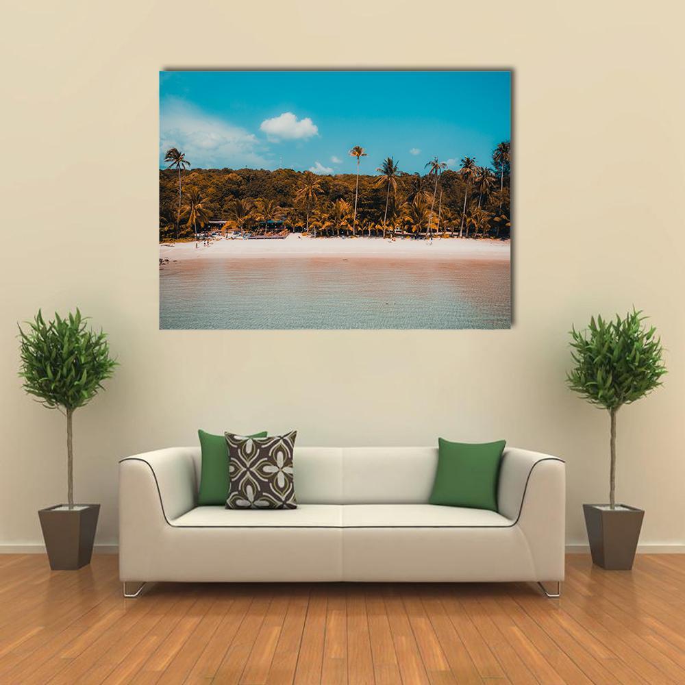 Tropical Beach And Sea With Palm Tree Canvas Wall Art-3 Horizontal-Gallery Wrap-37" x 24"-Tiaracle